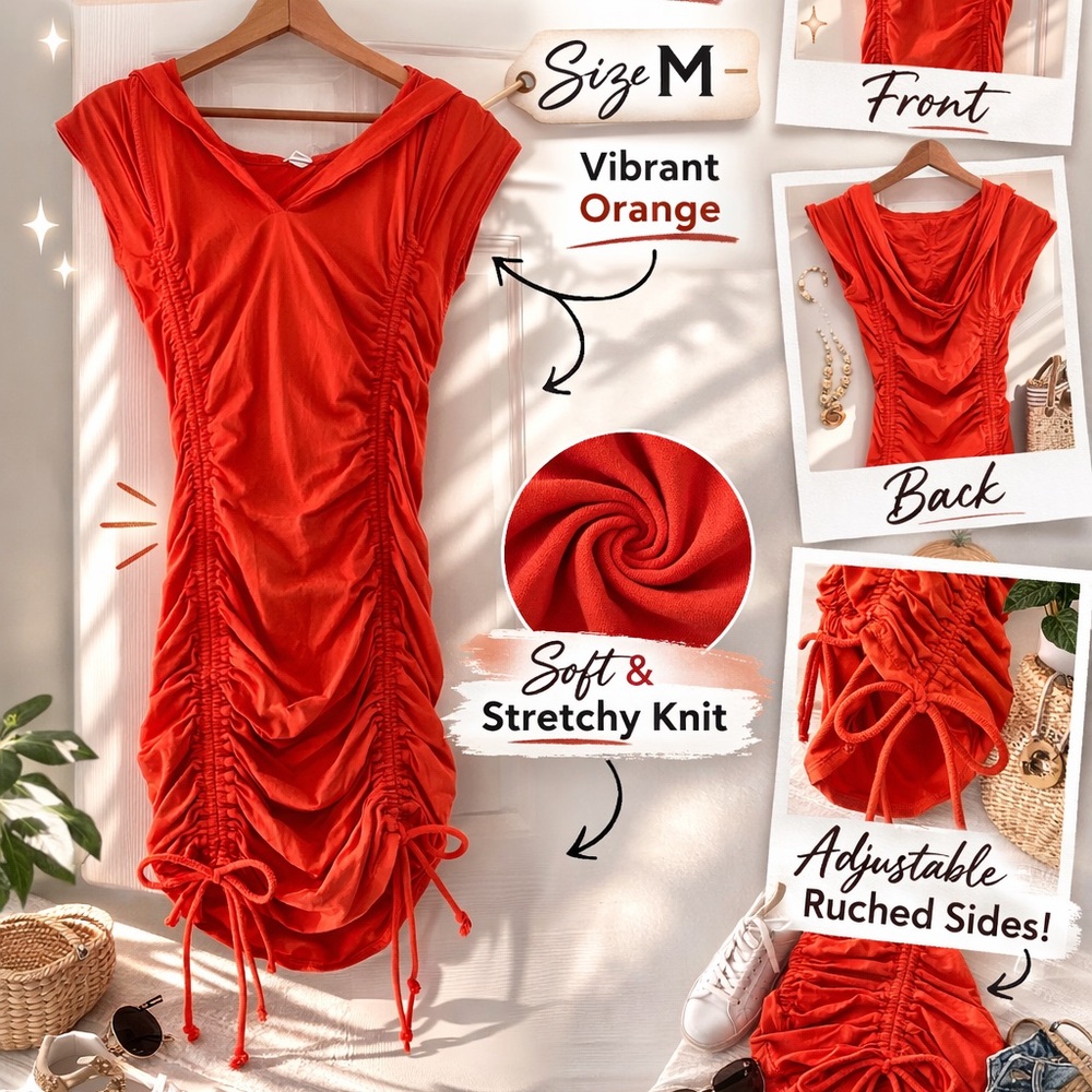 Anthropologie Daily Practice Ruched Hoodie Mini Dress Orange Size M